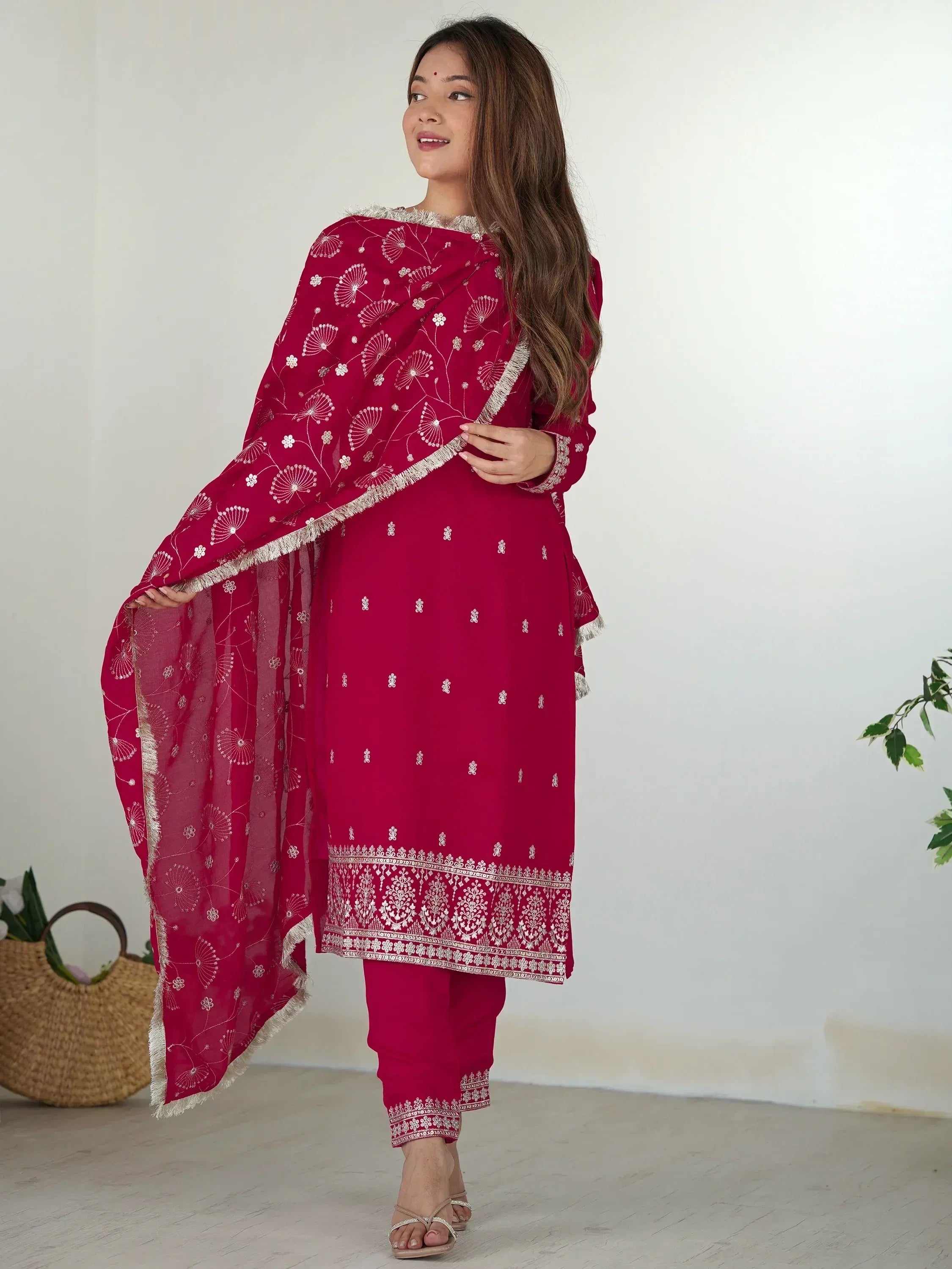 Maroon embroidered salwar kameez with floral dupatta, Indian ethnic wear for women