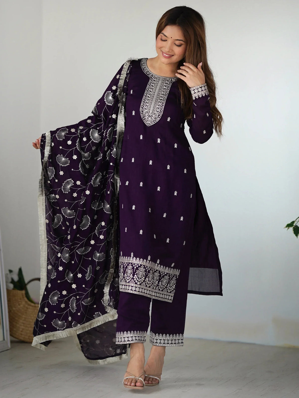 Purple embroidered salwar kameez with floral dupatta, Indian ethnic wear for women