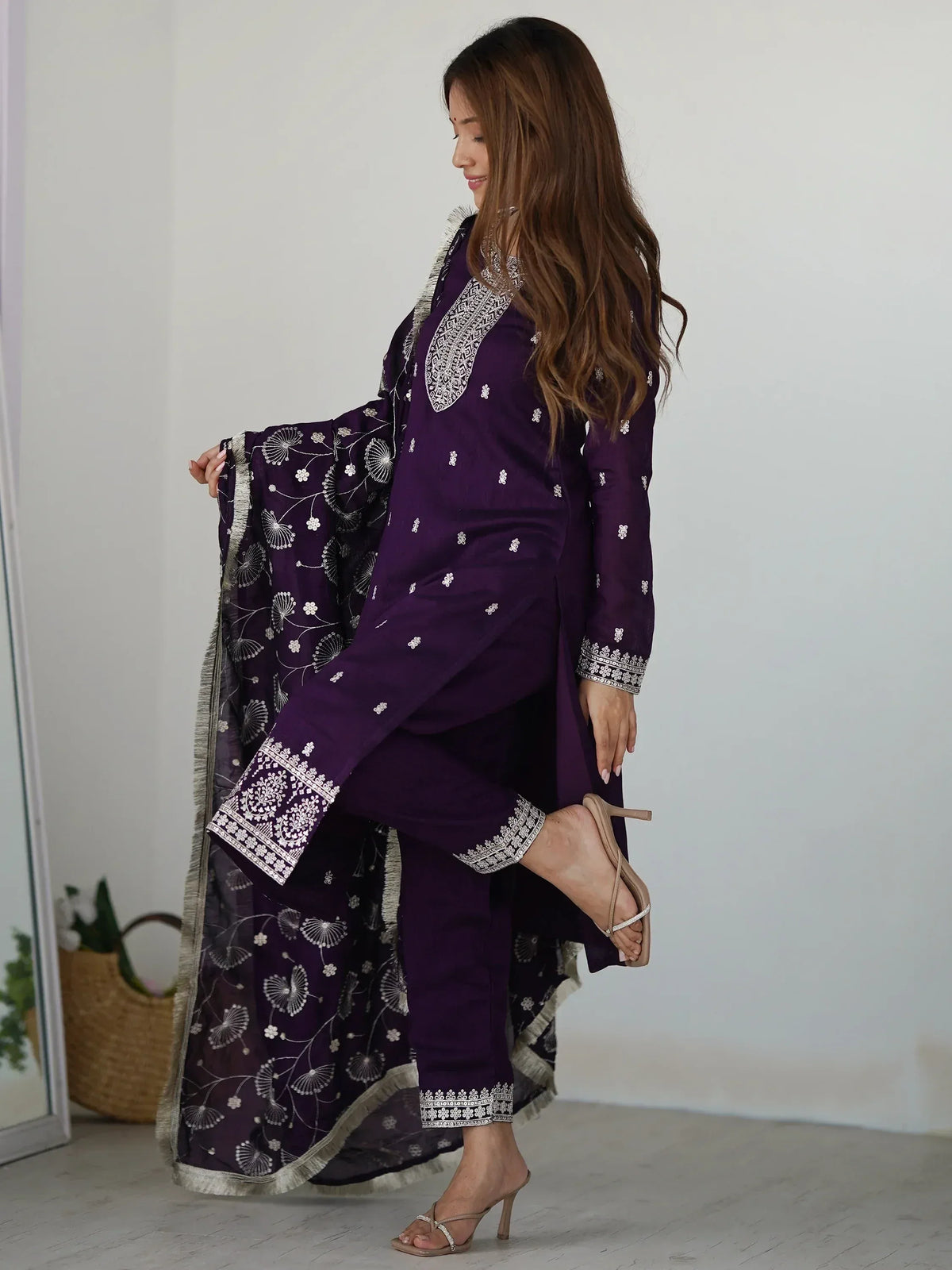 Purple embroidered salwar kameez with floral dupatta, Indian ethnic wear for women