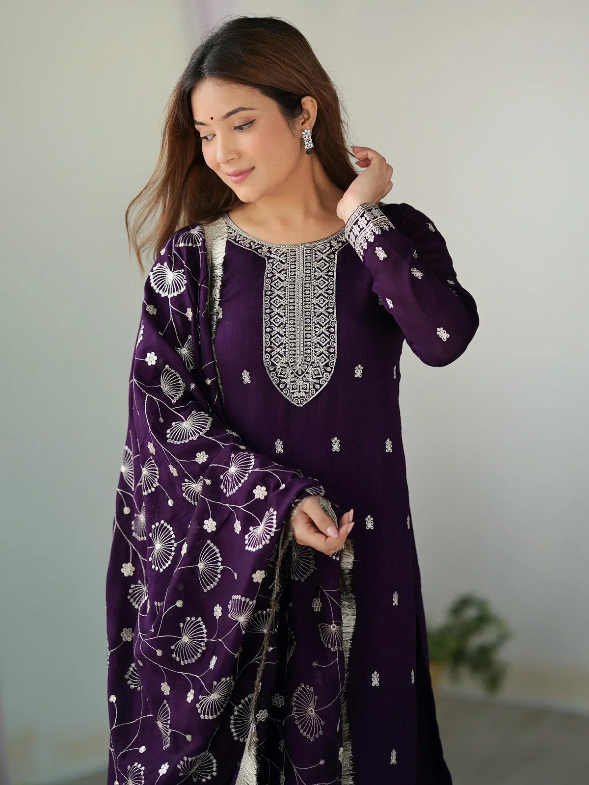 Purple embroidered salwar kameez with floral dupatta, Indian ethnic wear for women
