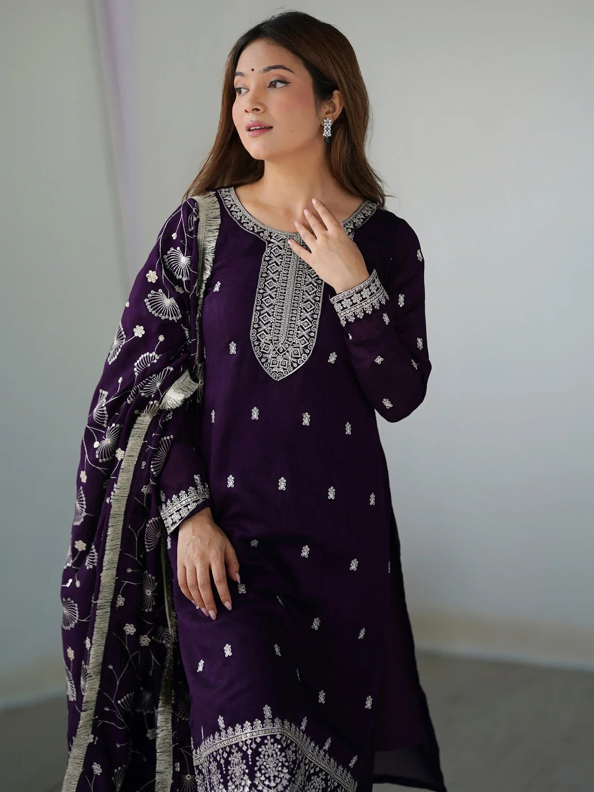 Purple embroidered salwar kameez with floral dupatta, Indian ethnic wear for women