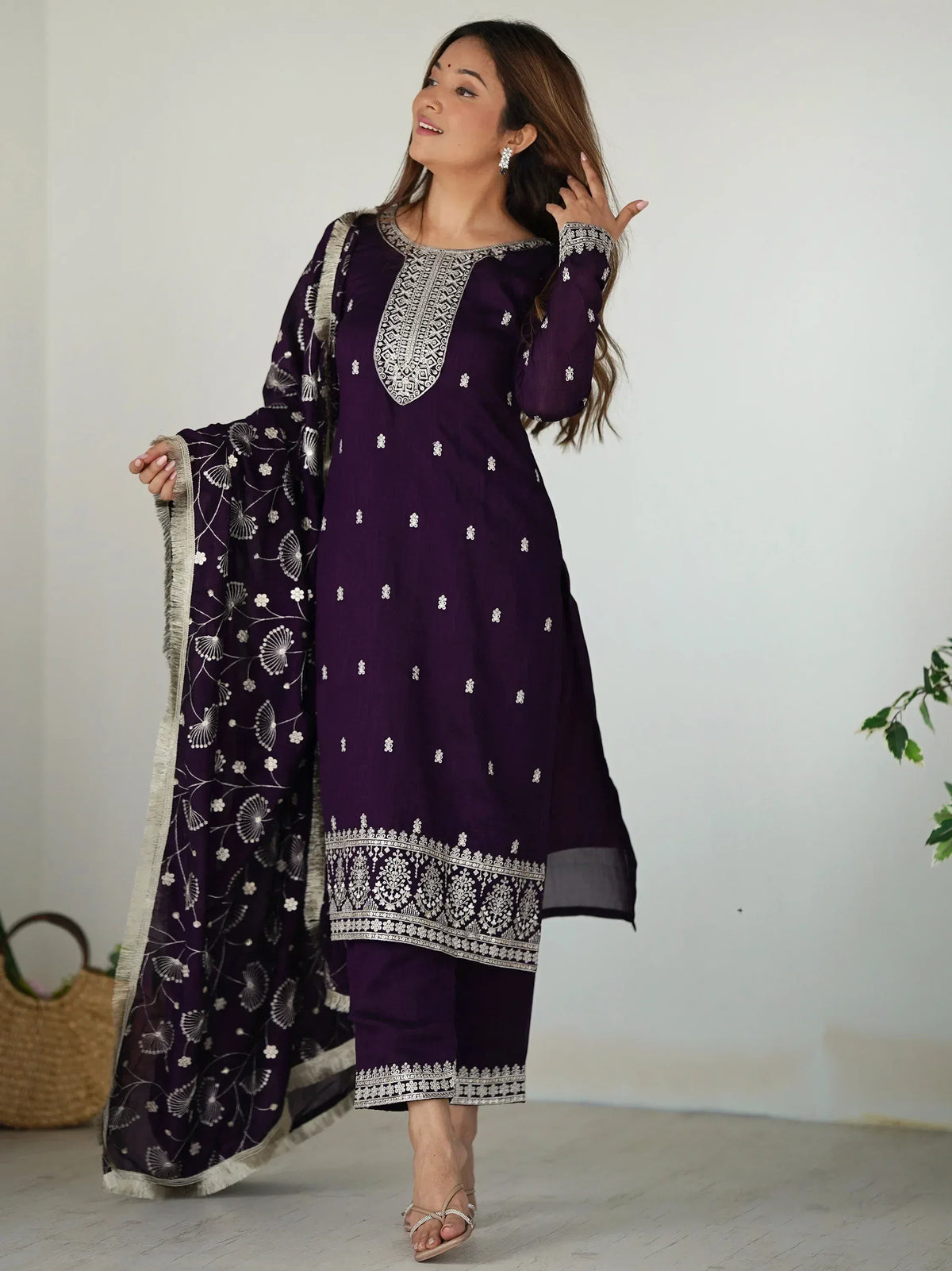 Purple embroidered salwar kameez with floral dupatta, ethnic Indian wear for women