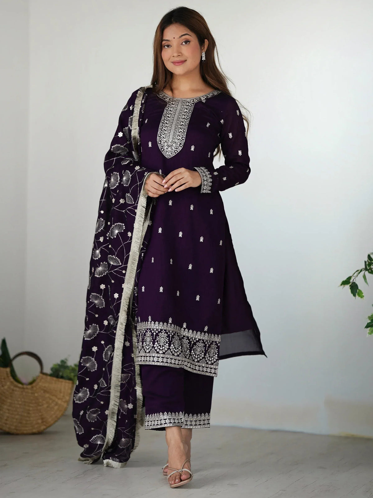 Purple embroidered salwar kameez with floral dupatta, Indian ethnic wear for women