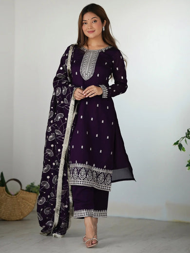 Spectacular Purple Zari Embroidered Silk Festival Wear Pant Suit