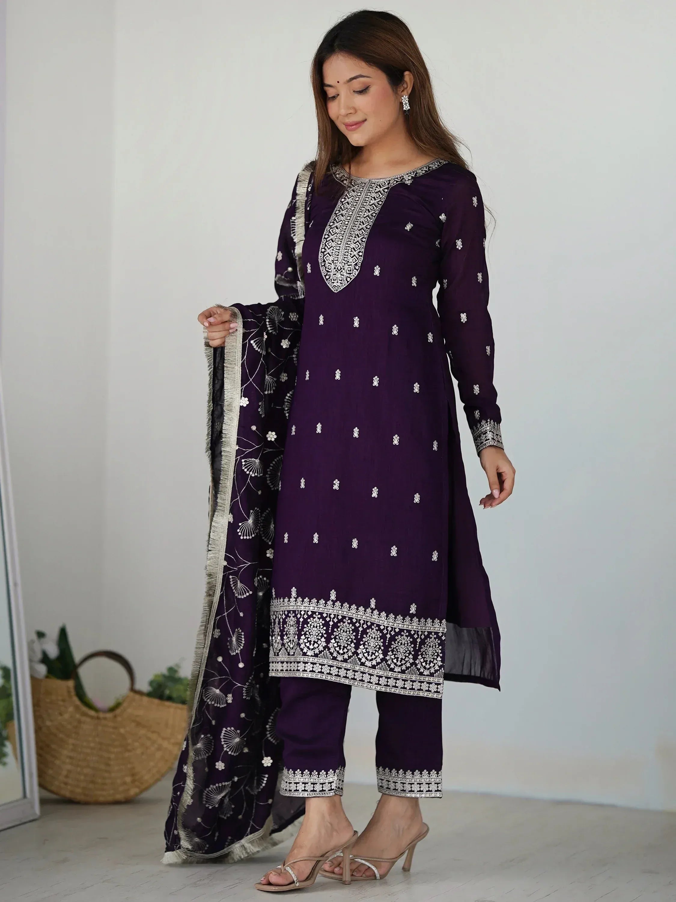 Purple embroidered salwar kameez with matching dupatta, Indian ethnic wear for women