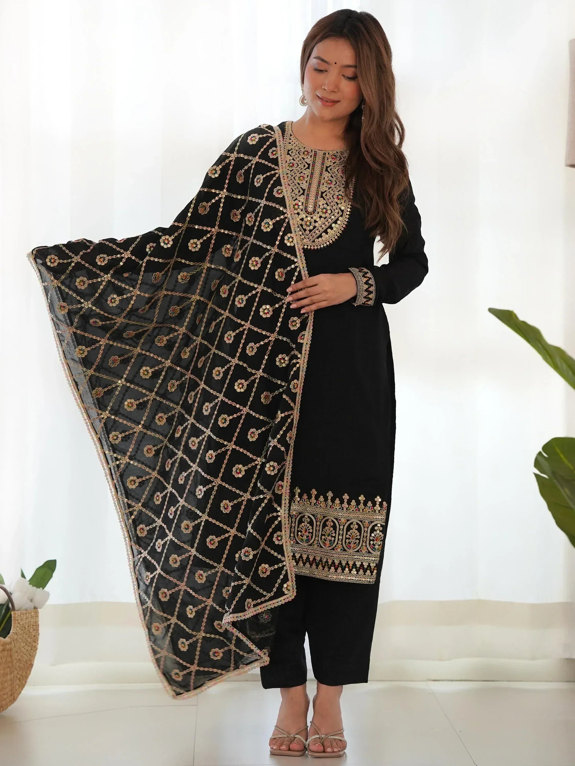Black embroidered salwar kameez with gold mirror work dupatta, Indian ethnic wear for women