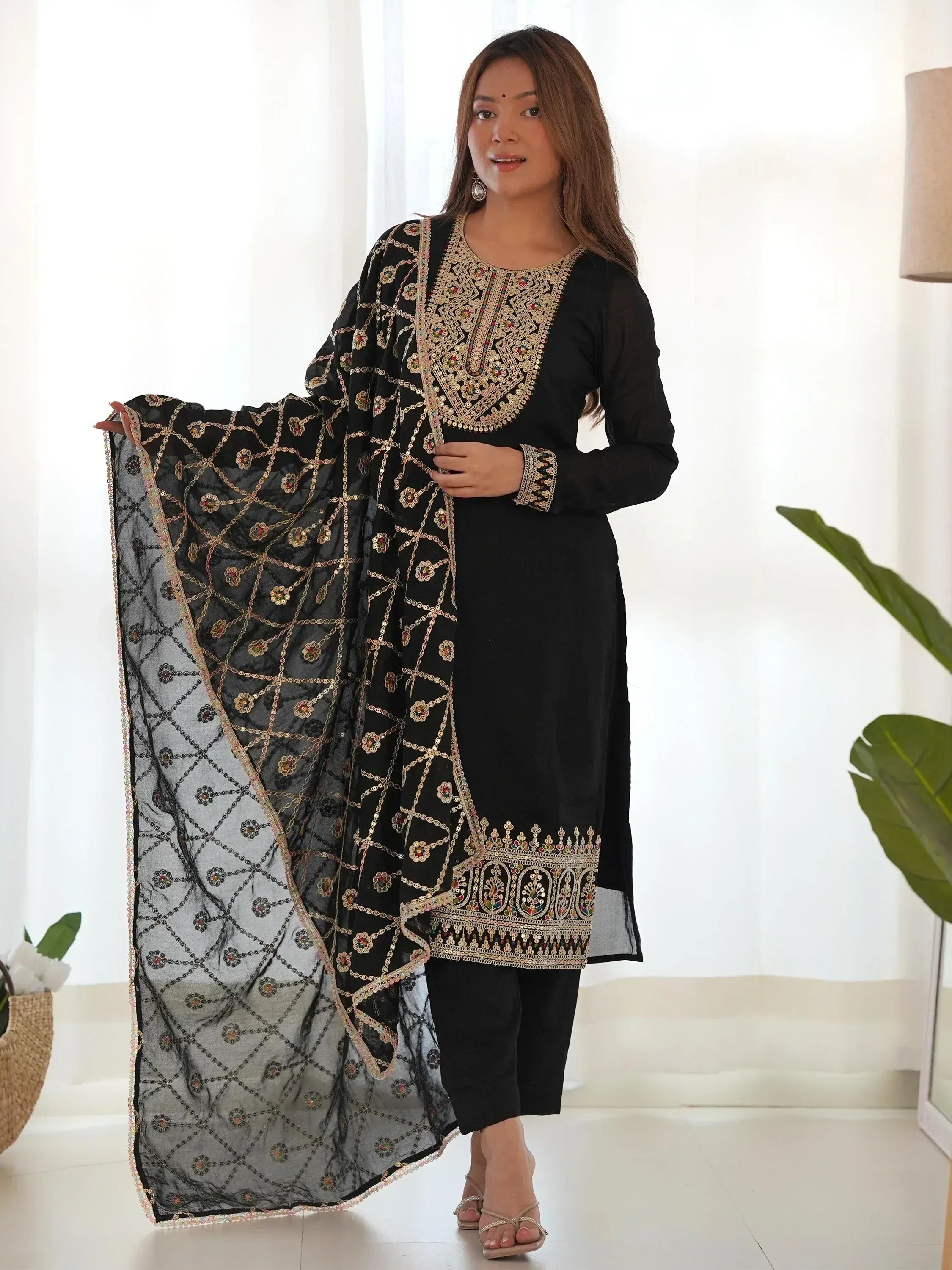 Black embroidered salwar kameez with matching dupatta, Indian ethnic wear for women