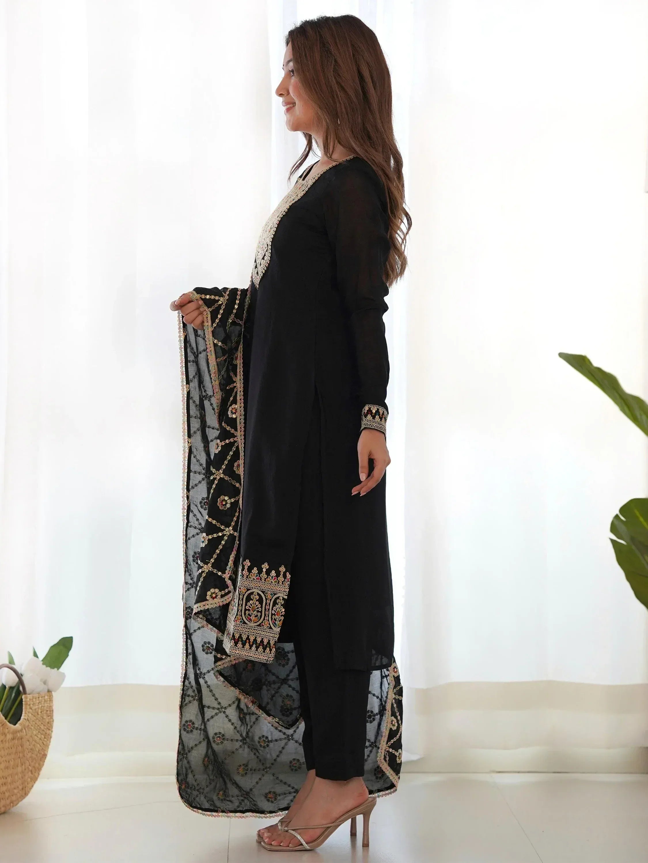 Black embroidered salwar kameez with sheer dupatta, Indian ethnic wear for women
