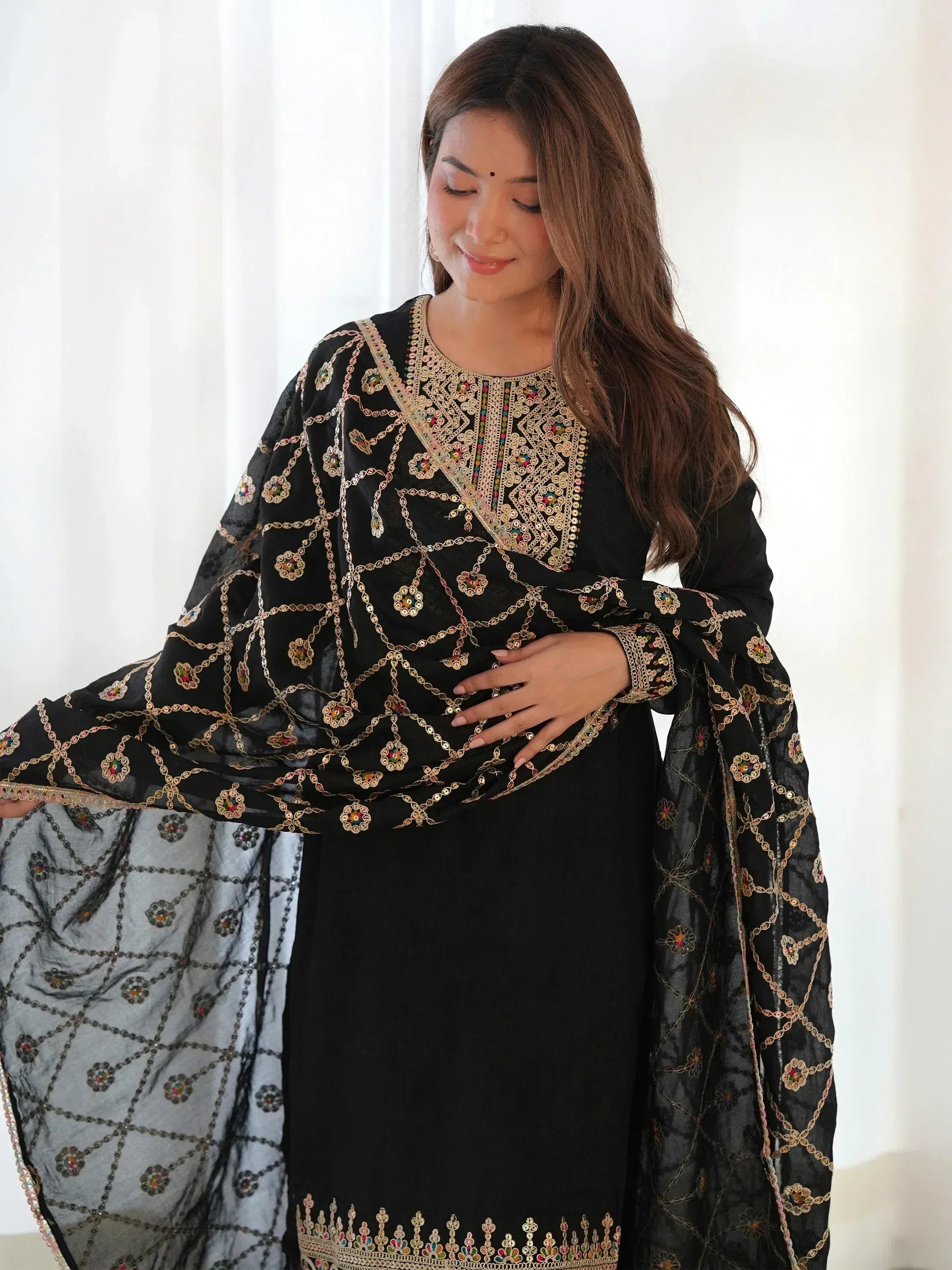 Black embroidered salwar kameez with floral mirror work and sheer dupatta, Indian ethnic wear