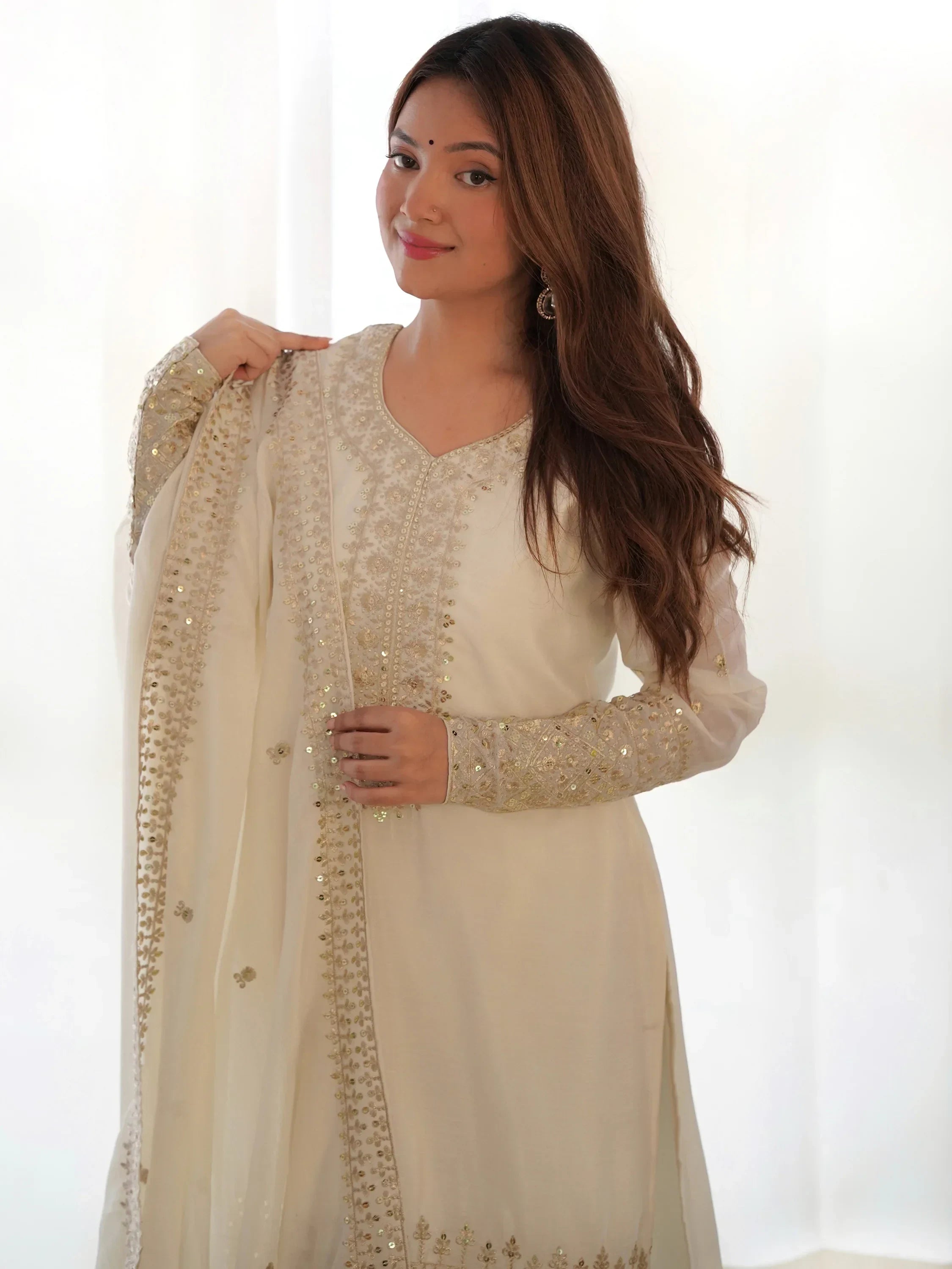 Astonishing White Sequins Chinon Silk Traditional Pant Suit