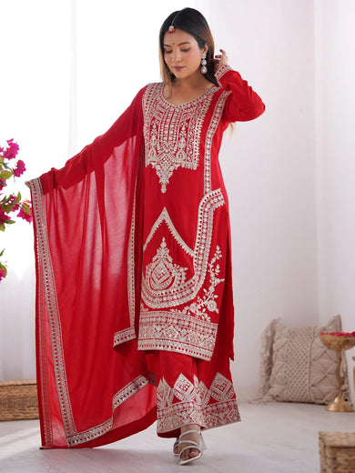 Amazing Red Dori Work Silk Wedding Palazzo Suit With Dupatta
