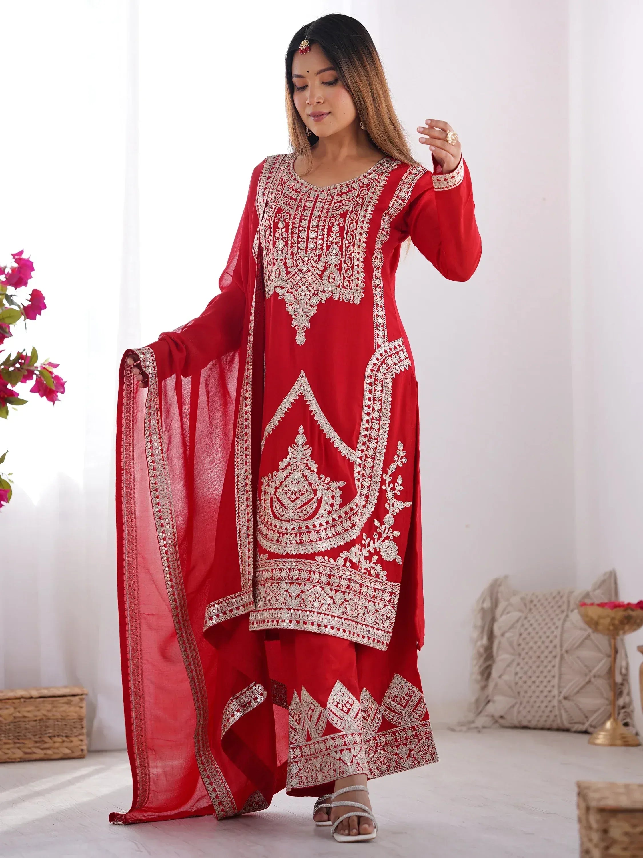 Red embroidered salwar kameez with matching dupatta, Indian ethnic wear for women