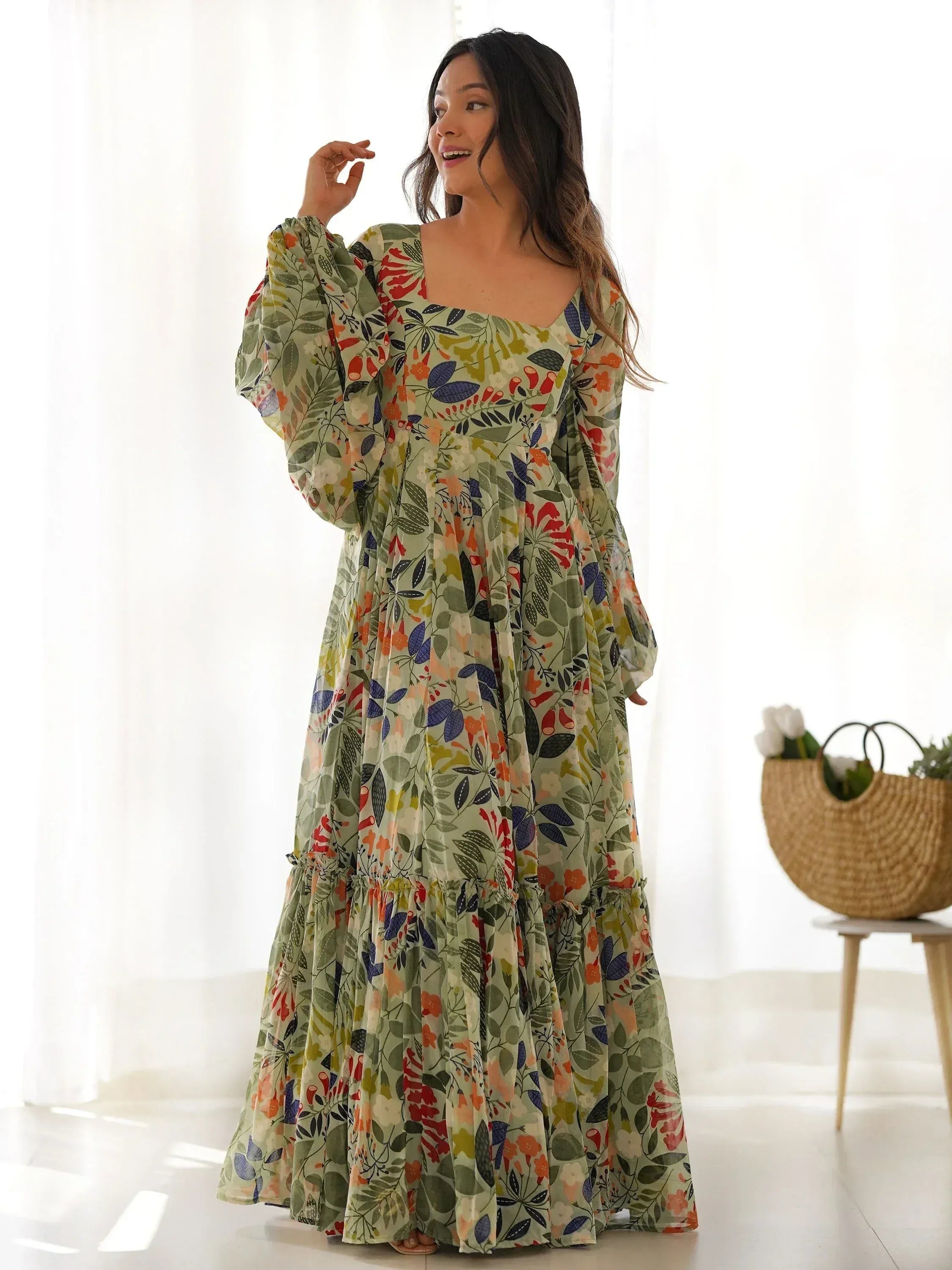 Floral print ethnic gown with puff sleeves and tiered skirt, perfect for Indian occasions