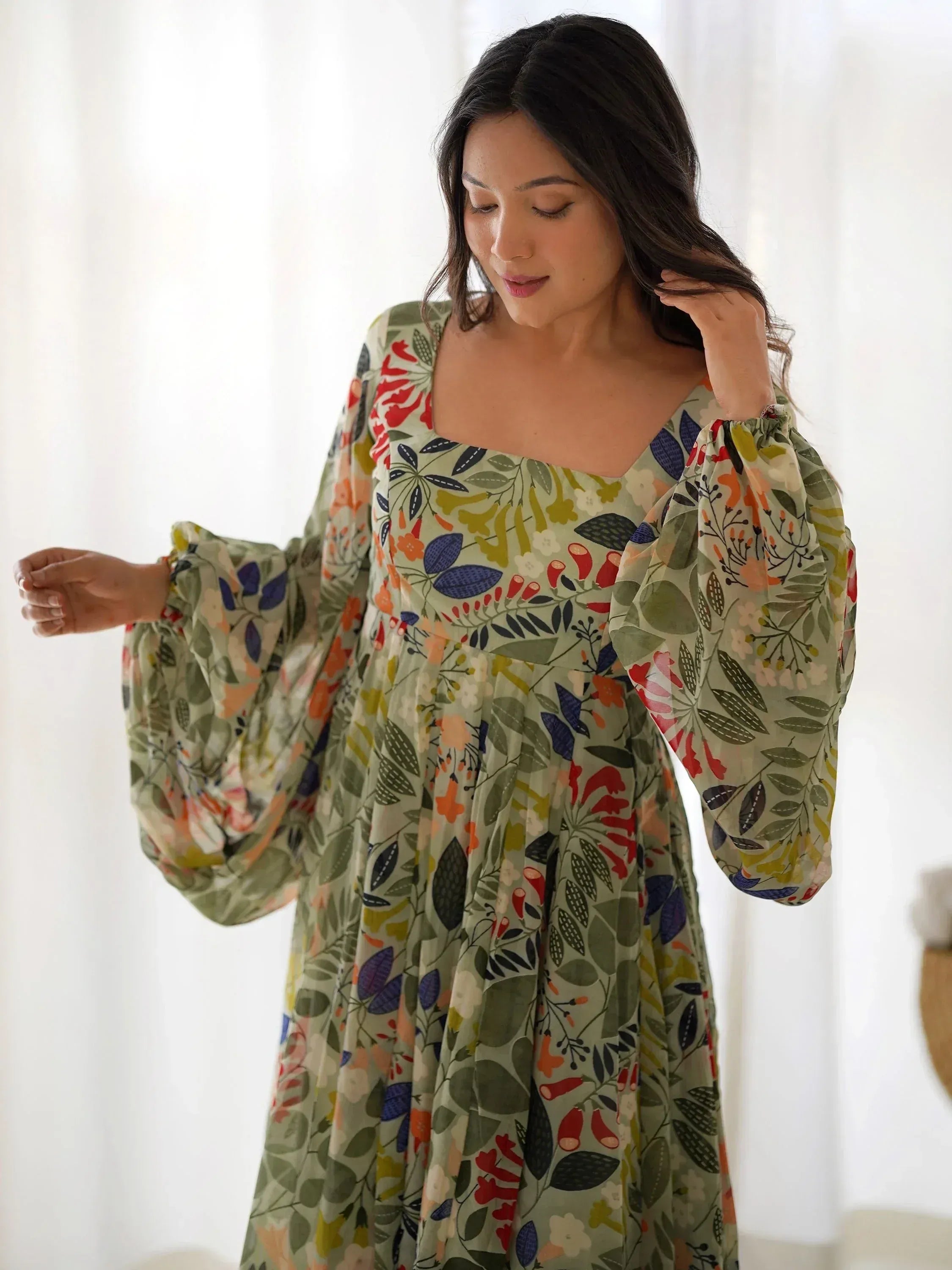 Floral print ethnic gown with puff sleeves and square neck, perfect for Indian wear