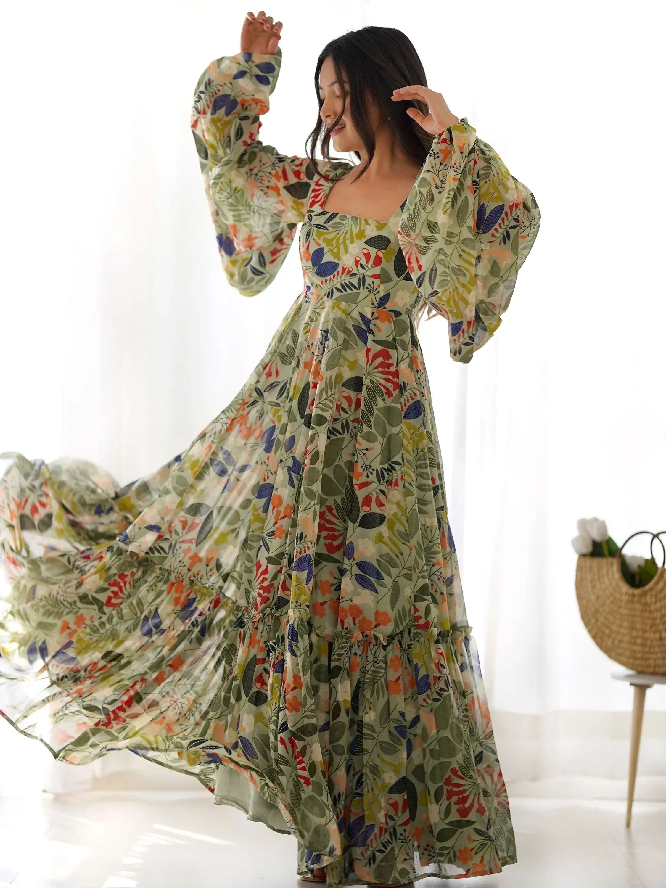 Floral print ethnic gown with puff sleeves, perfect for Indian occasions and festive wear.