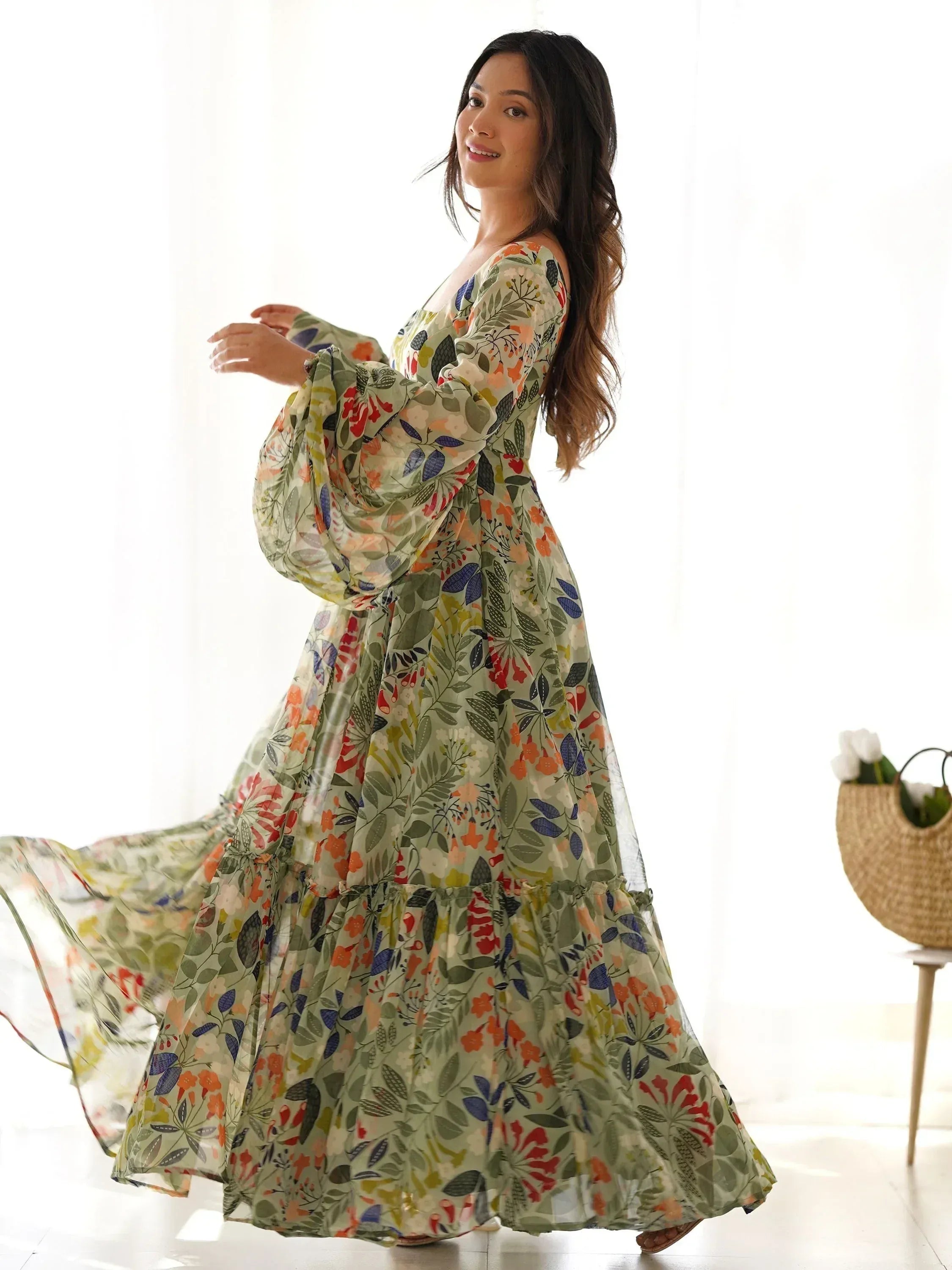 Floral print ethnic gown with bell sleeves, perfect for Indian occasions and festive wear