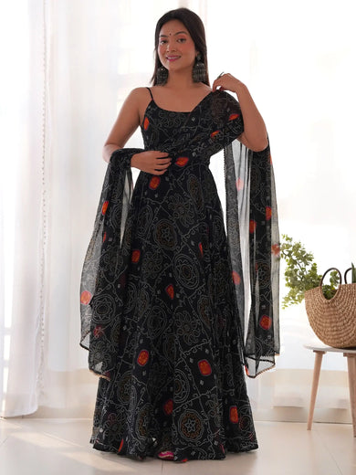 Magnetic Black Bandhani Printed Chiffon Traditional Gown With Dupatta