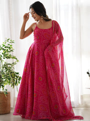 Pretty Pink Bandhani Printed Chiffon Festival Wear Gown With Dupatta