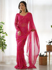Beautiful Pink Bandhani Printed Chiffon Festival Wear Saree With Blouse
