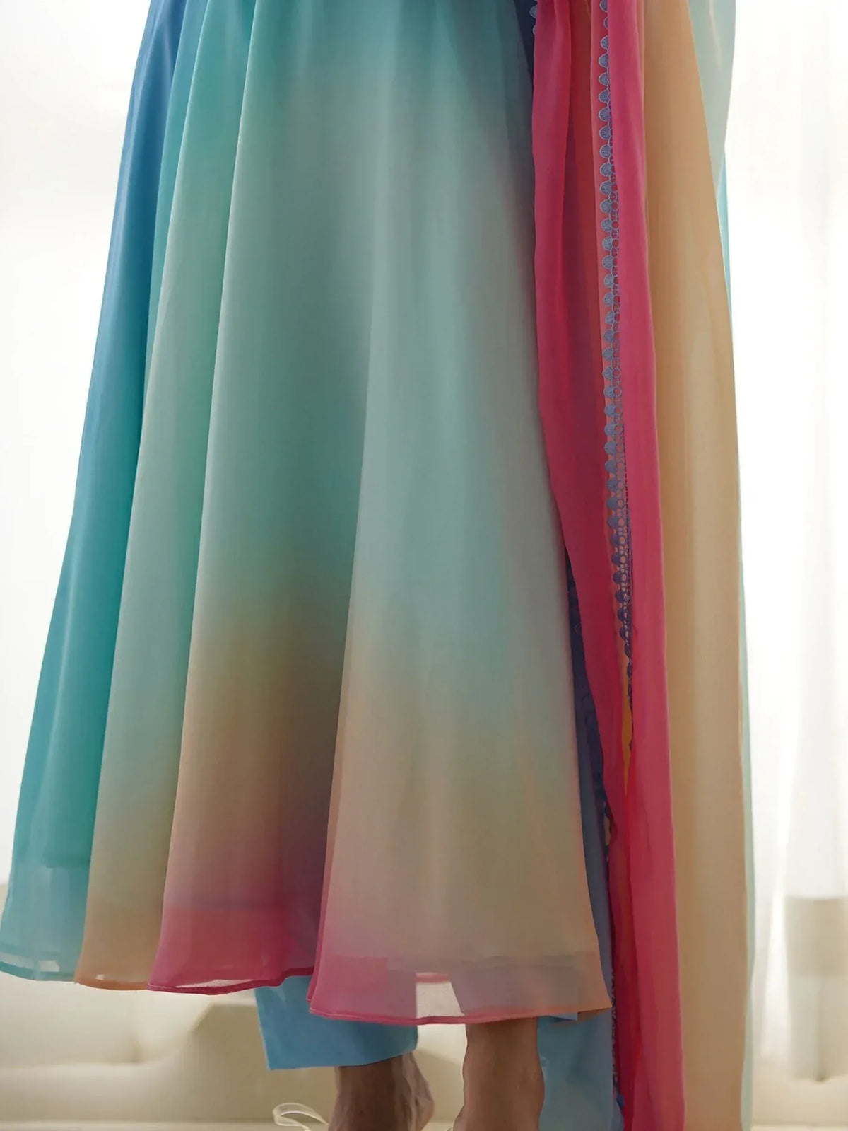 Pastel ombre ethnic gown with pink dupatta, soft flowy fabric for Indian wear