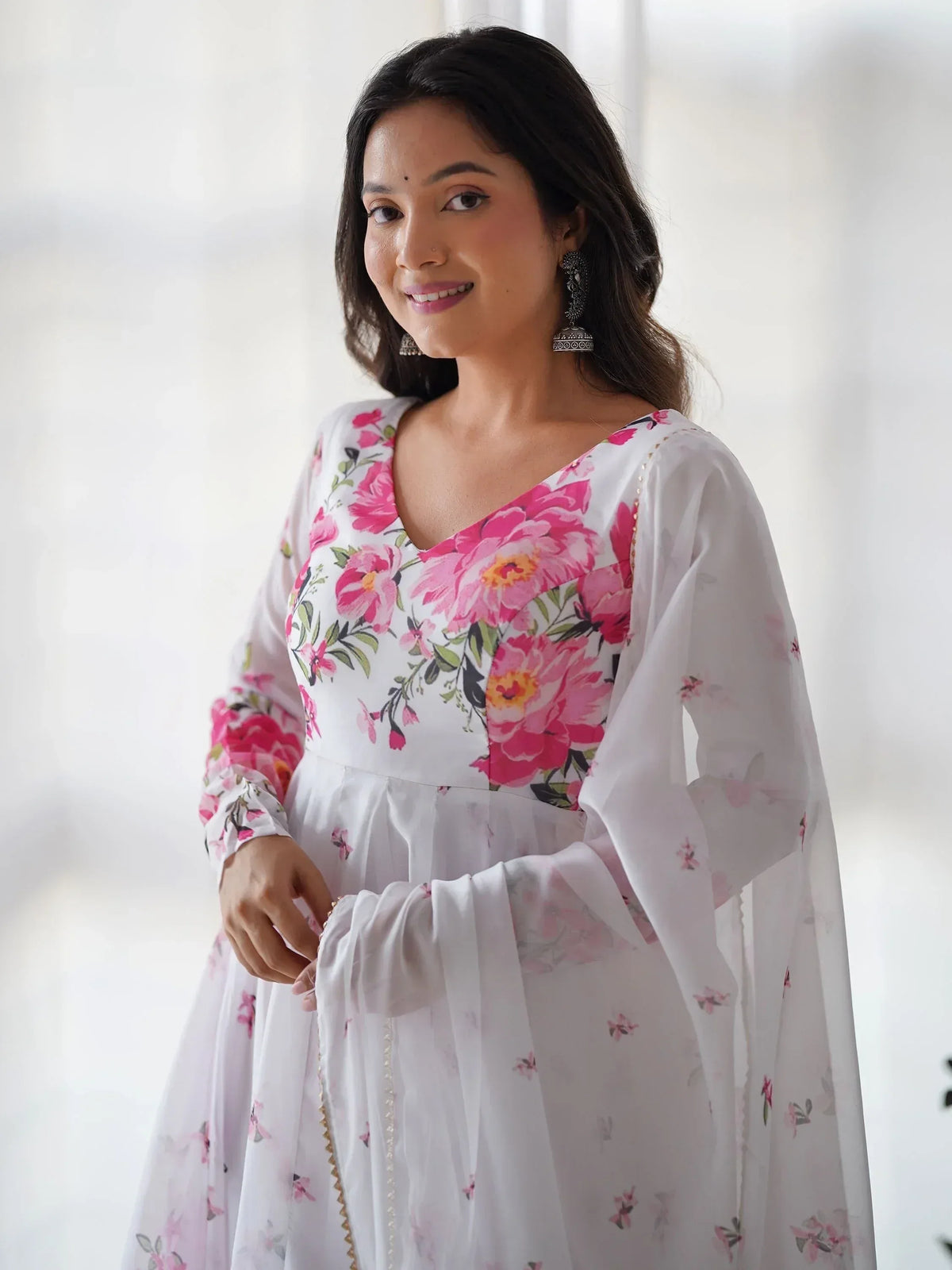 White floral ethnic gown with pink peony print, V-neck, and bell sleeves for women