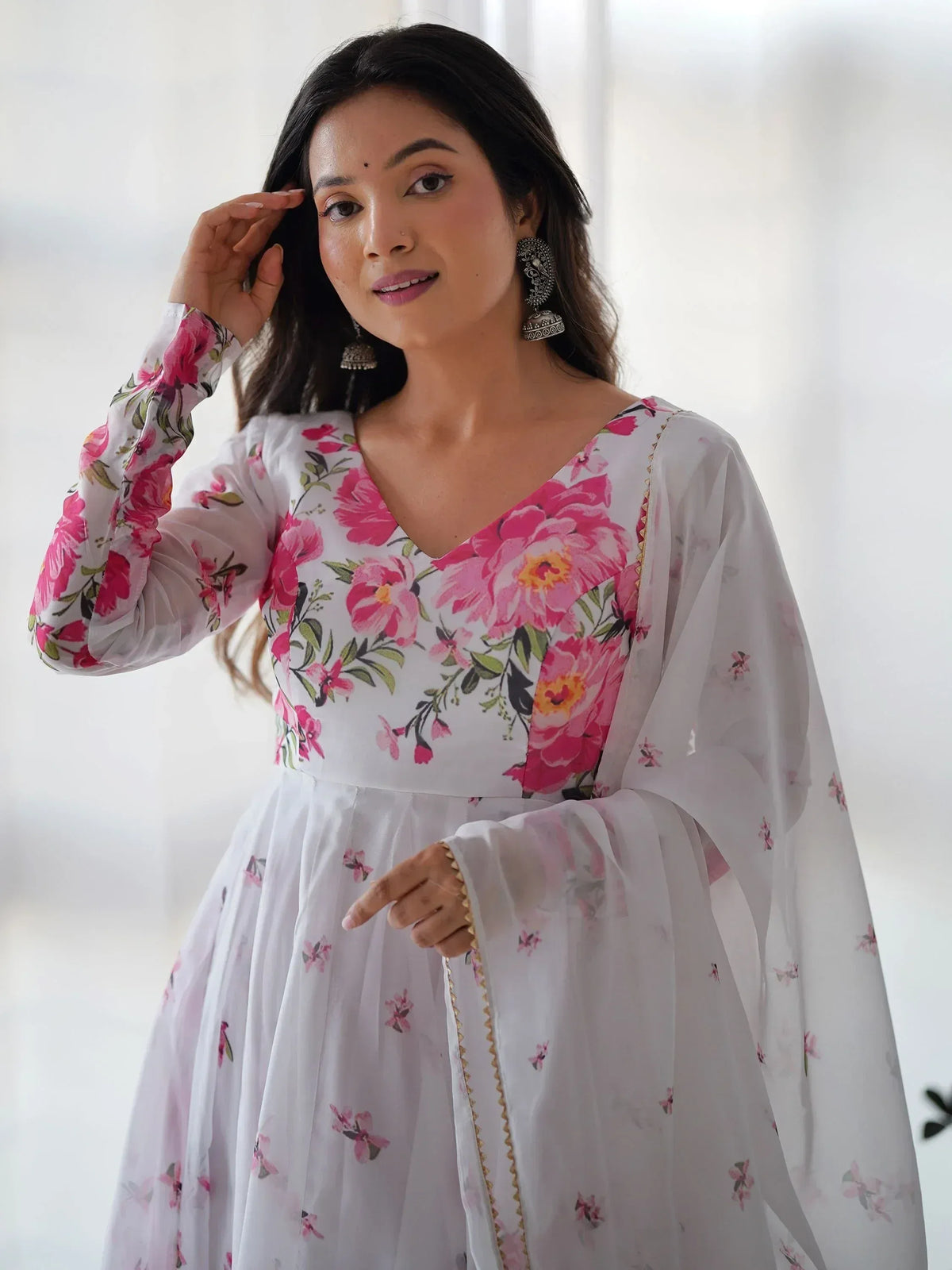 White floral ethnic gown with pink peony print, V-neck, and sheer sleeves for women
