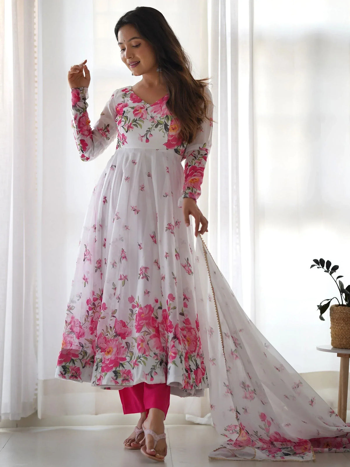 White floral anarkali gown with pink print, ethnic wear for women, perfect for festive occasions