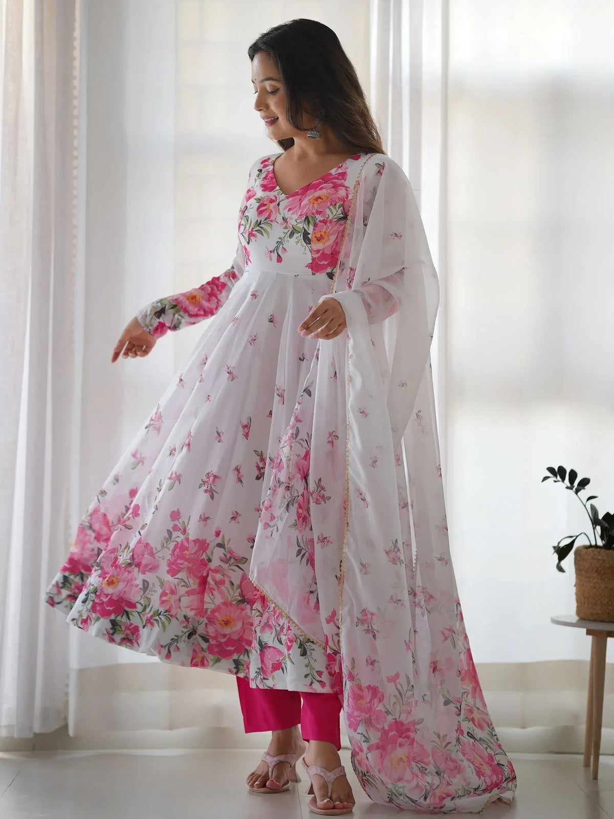 White floral anarkali suit with pink print, ethnic wear for women, perfect for festive occasions