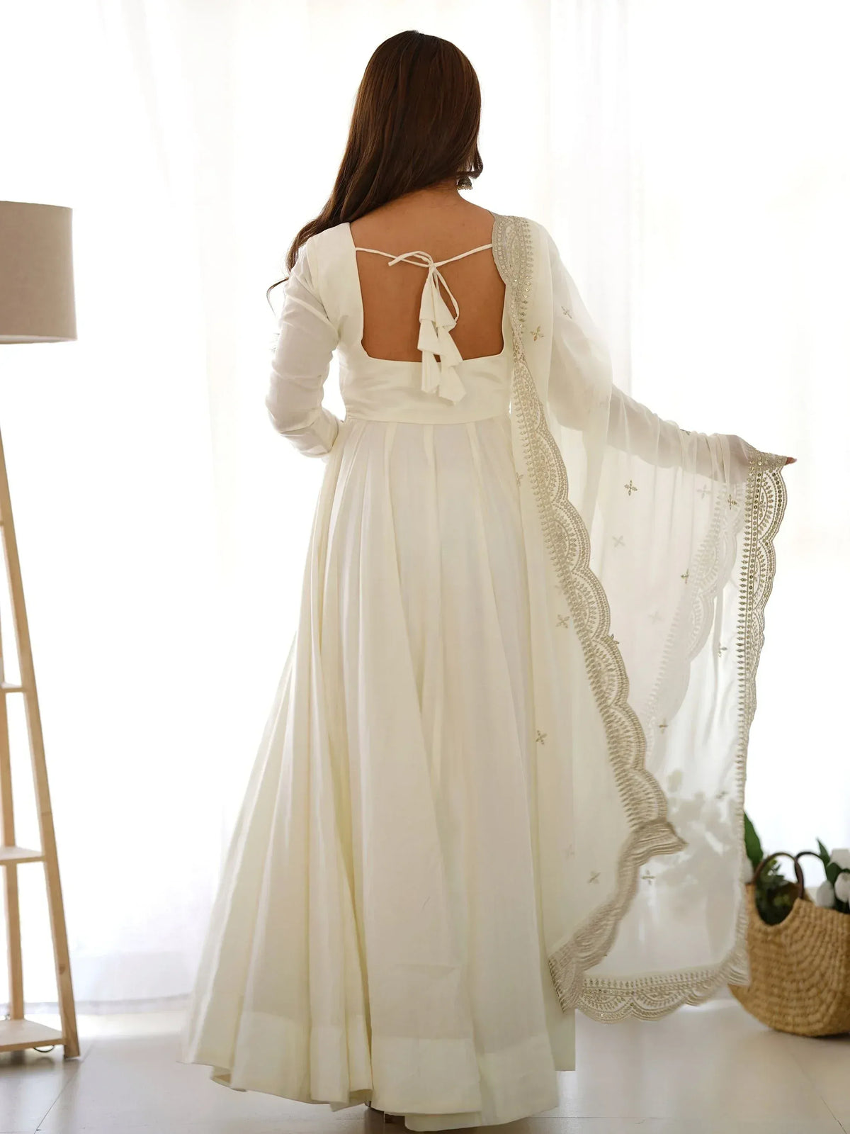 White ethnic gown with back tie and embroidered dupatta, perfect for Indian occasions