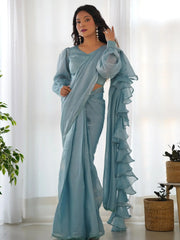 Blue Organza Saree With Blouse