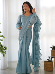 Charming Blue Organza Party Wear Readymade Saree With Blouse