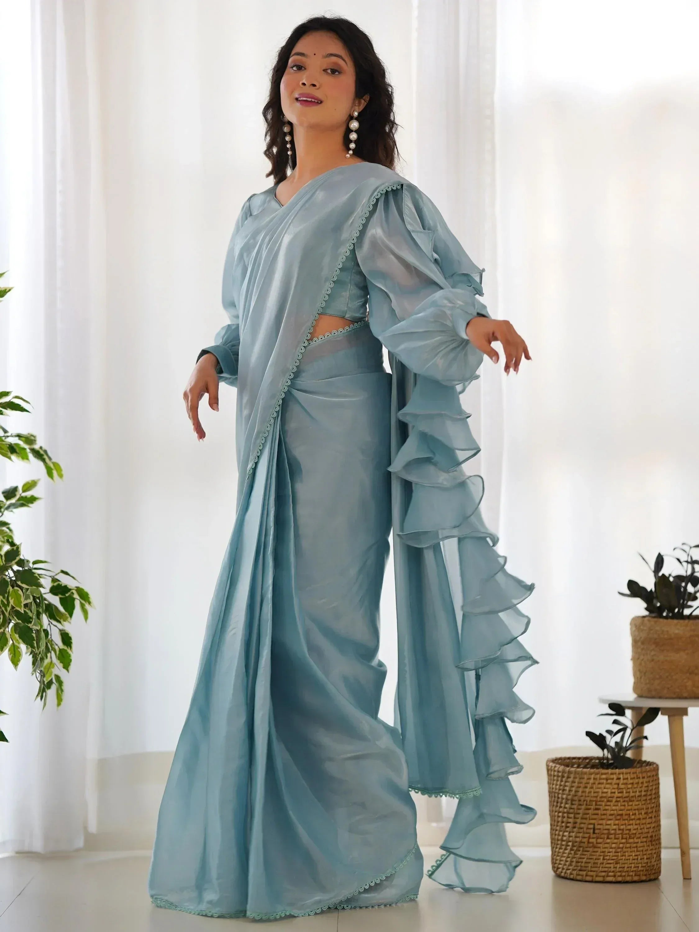 Light blue ruffled saree with puff sleeves, ethnic wear for women, designer Indian attire