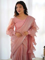 Fascinating Peach Organza Designer Readymade Saree With Blouse
