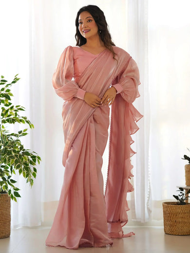 Fascinating Peach Organza Designer Readymade Saree With Blouse