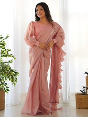 Fascinating Peach Organza Designer Readymade Saree With Blouse