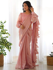 Fascinating Peach Organza Designer Readymade Saree With Blouse