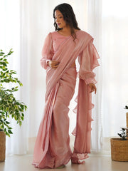Fascinating Peach Organza Designer Readymade Saree With Blouse