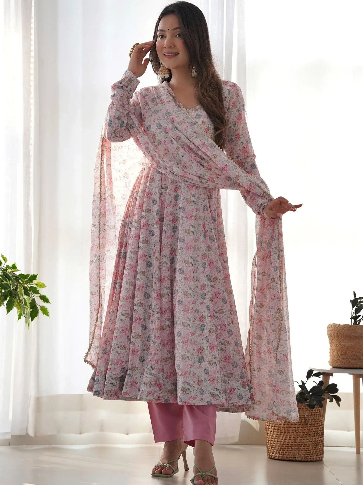 Pink floral printed anarkali suit with matching dupatta, ideal for Indian ethnic wear occasions