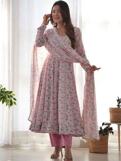 Lovable Pink Digital Printed Chiffon Festival Wear Anarkali Suit