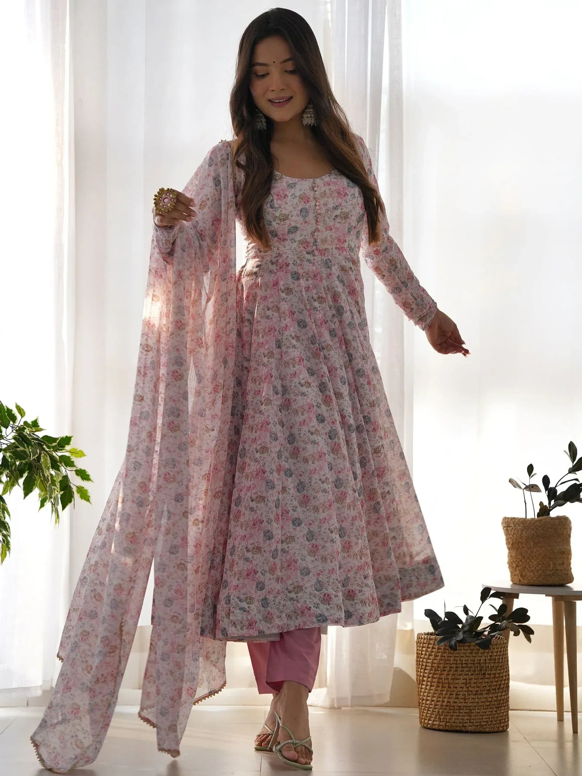 Pink floral print anarkali suit with matching dupatta, ideal for Indian ethnic wear occasions