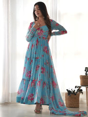 Beautiful Sky-Blue Floral Printed Georgette Anarkali Pant Suit