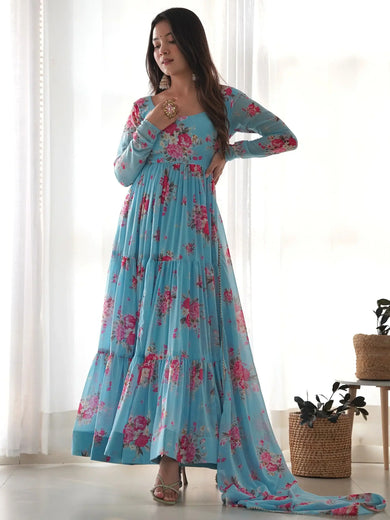 Beautiful Sky-Blue Floral Printed Georgette Anarkali Pant Suit