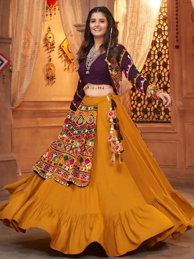 Rocking Mustard Yellow Thread-Embroidered Rayon Lehenga Choli With Koti