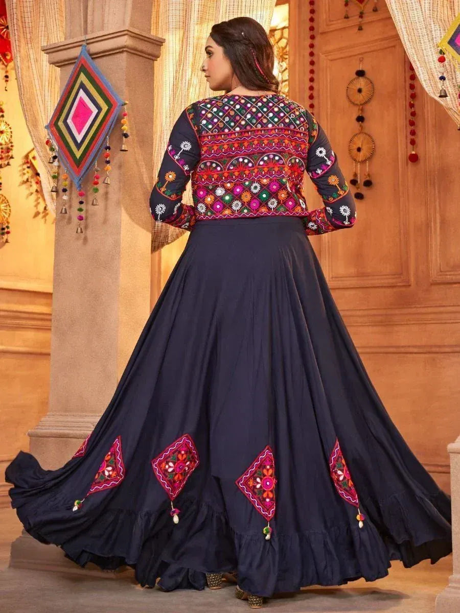 Navy blue embroidered ethnic gown with colorful mirror work, perfect for Indian festivals and weddings
