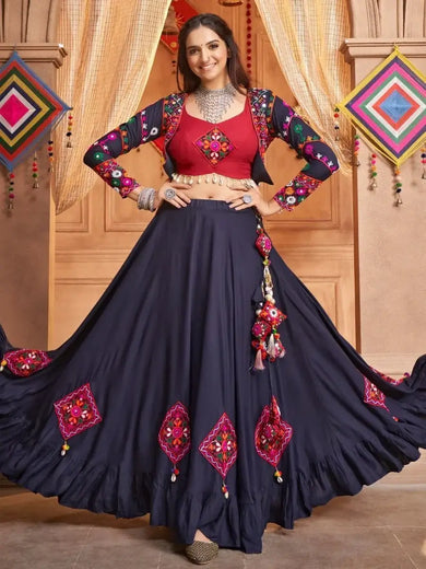 Navy Blue Thread Embroidered Rayon Navratri Lehenga Choli With Koti