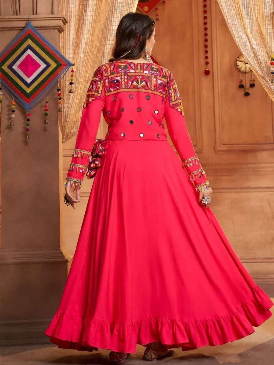 Vibrant red ethnic anarkali with mirror work and embroidered sleeves, perfect for Indian festive occasions