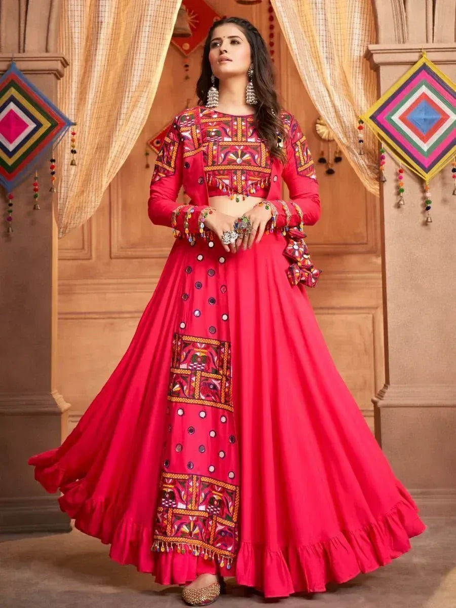 Vibrant red embroidered lehenga choli with mirror work, perfect for Indian ethnic occasions