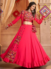 Stunning Pink Thread-Embroidered Rayon Navratri Lehenga Choli With Koti