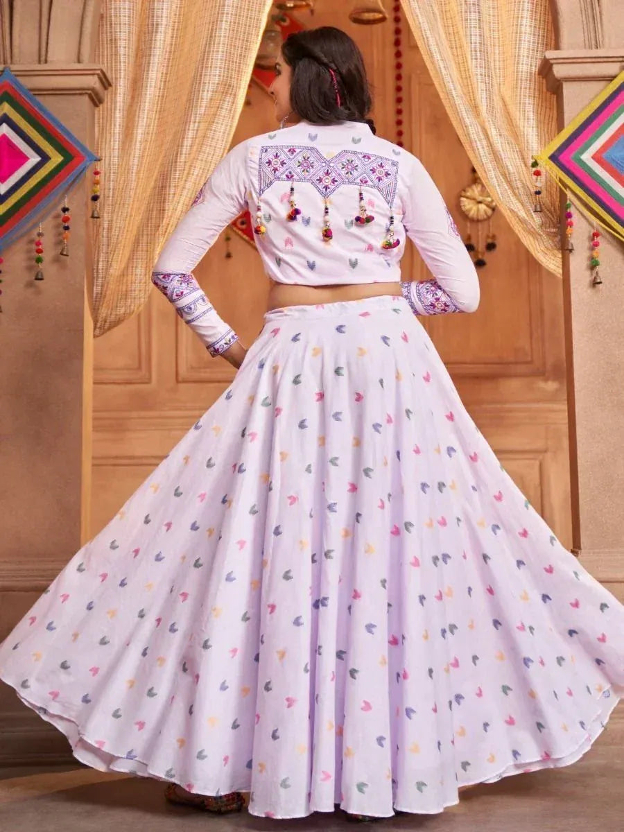 White embroidered crop top with colorful heart-print flared skirt, Indian ethnic wear