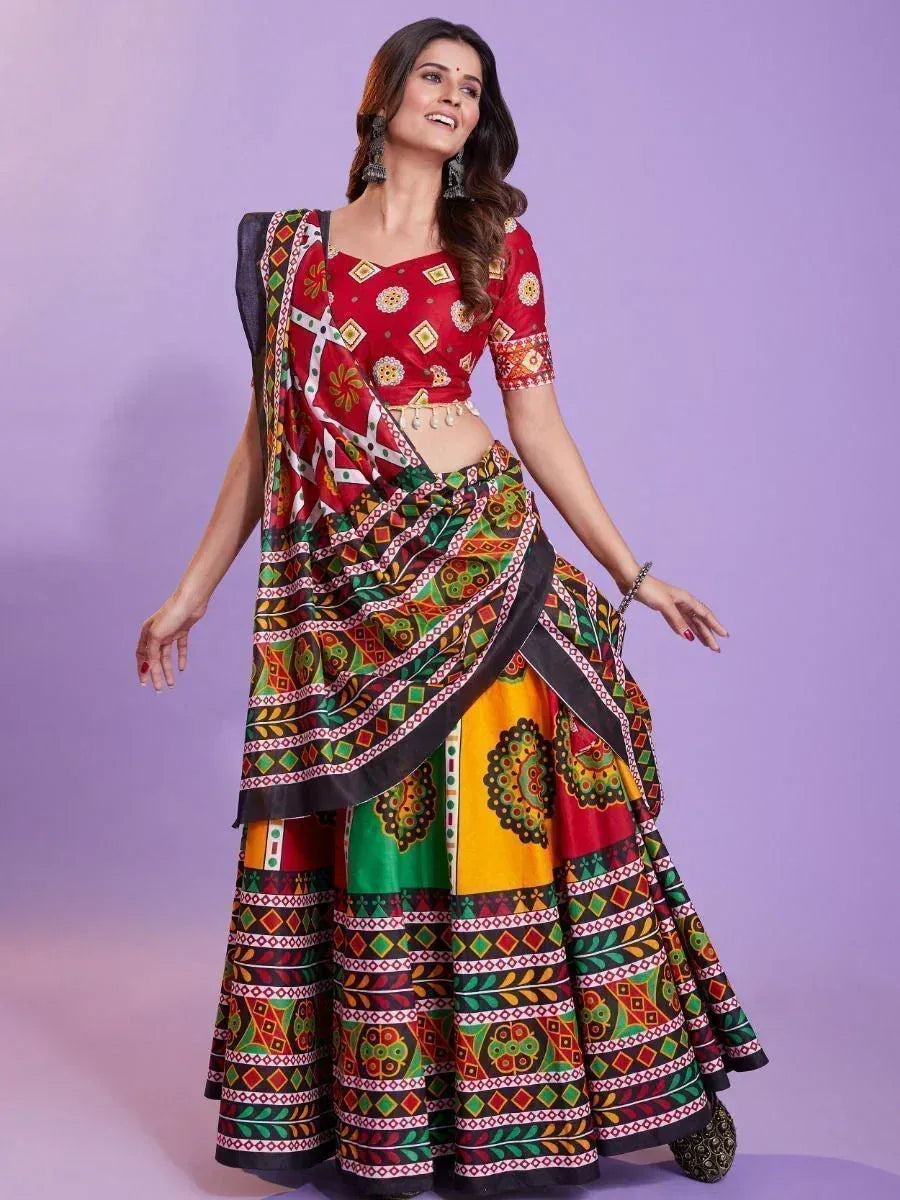 Vibrant ethnic lehenga choli with colorful geometric print, perfect for festive occasions and traditional celebrations.